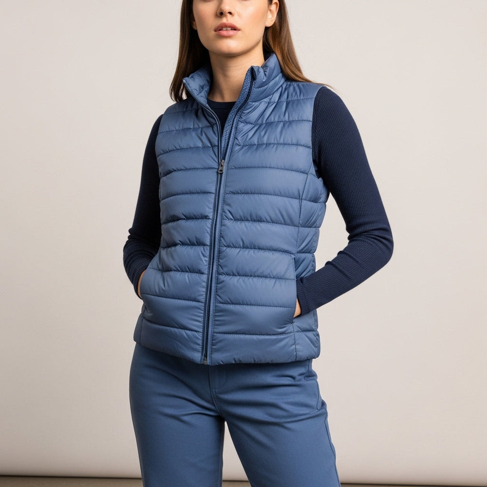 Women's sleeveless quilted vest with stand collar and front zip fastening