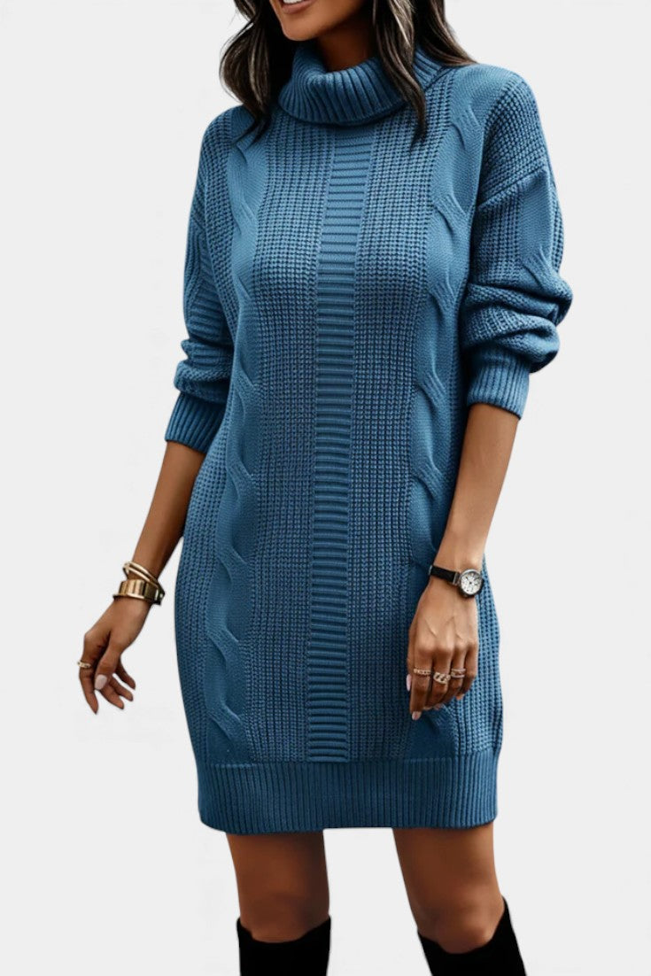 Women's textured cable knit turtleneck sweater dress with long sleeves