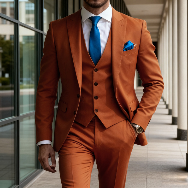 Men's three-piece peak lapel suit with waistcoat