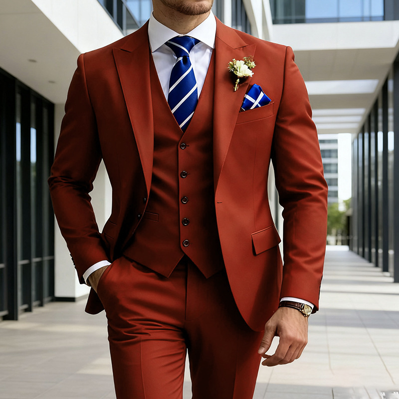 Men's three-piece peak lapel suit with waistcoat
