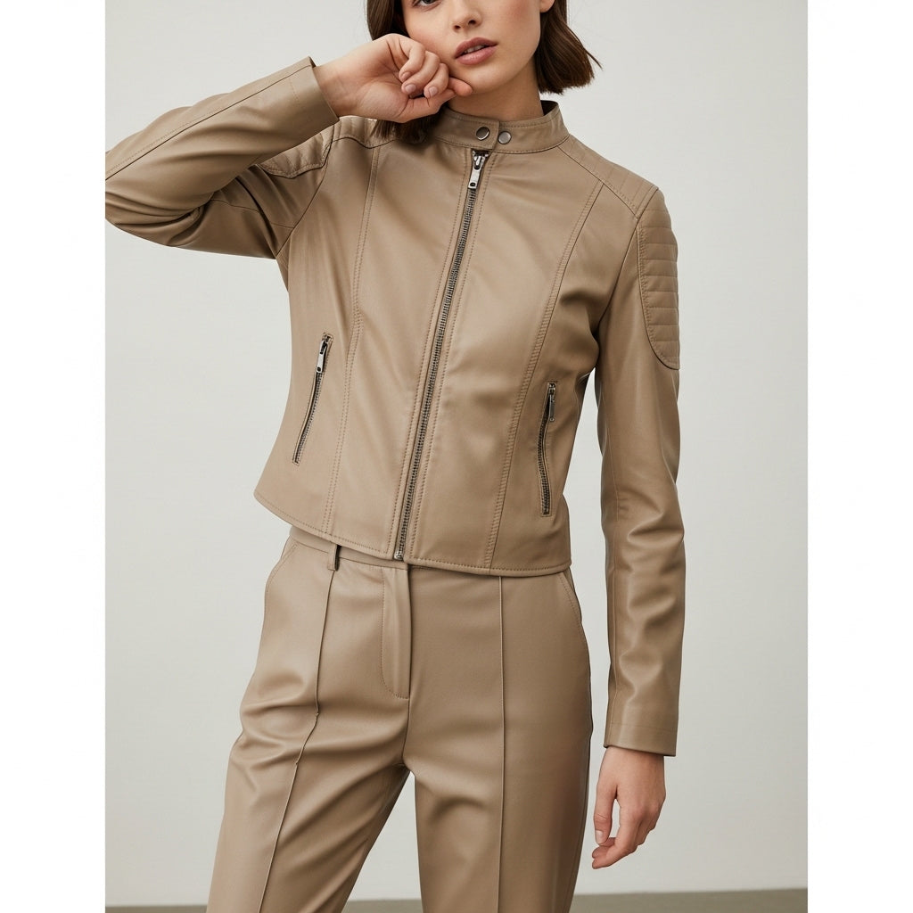 Women's fitted leather jacket with stand collar and zip pockets