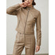 Women's fitted leather jacket with stand collar and zip pockets