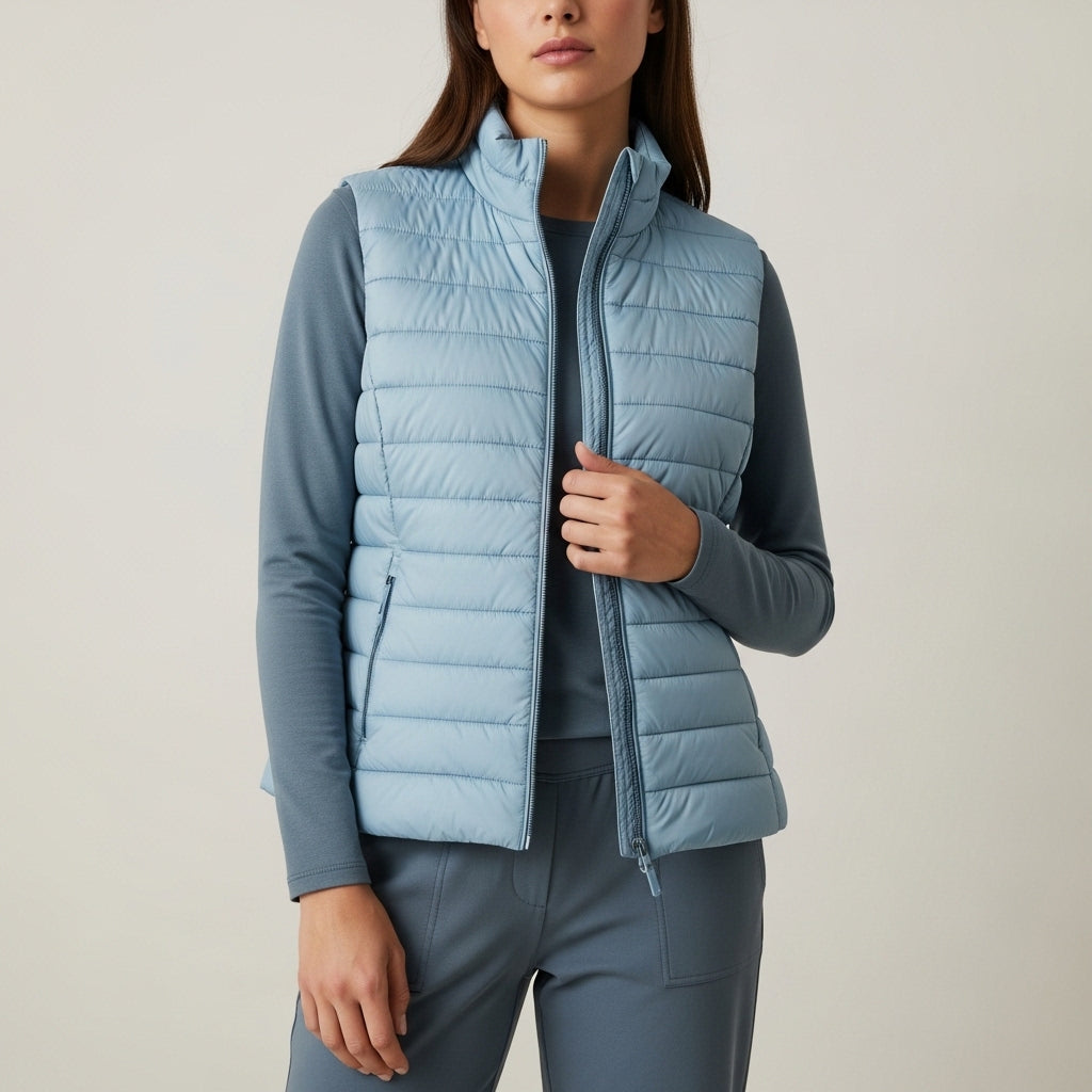Women's sleeveless quilted vest with stand collar and front zip fastening