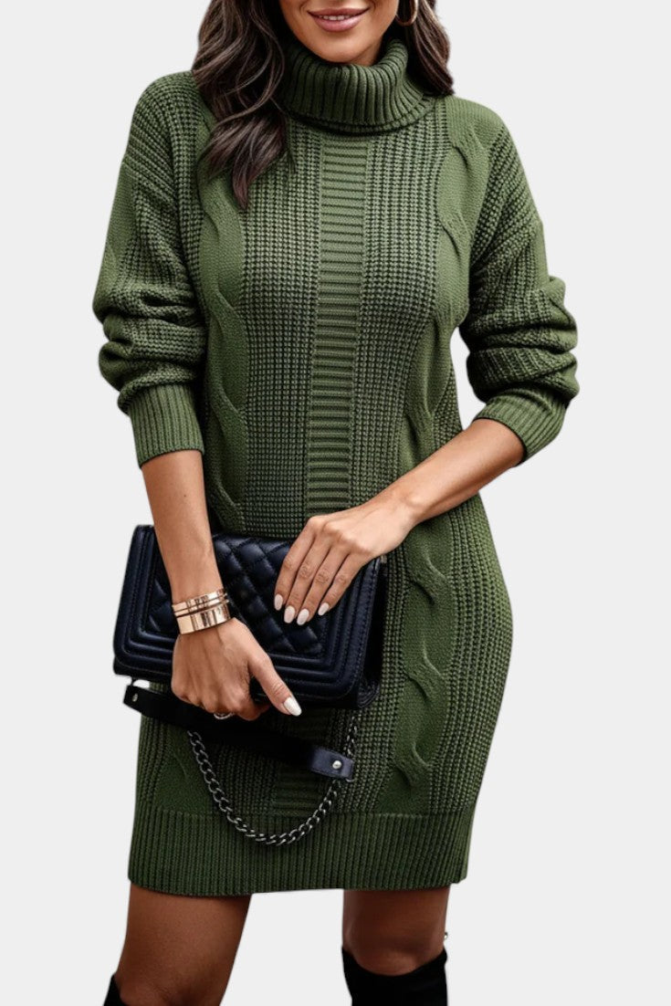 Women's textured cable knit turtleneck sweater dress with long sleeves