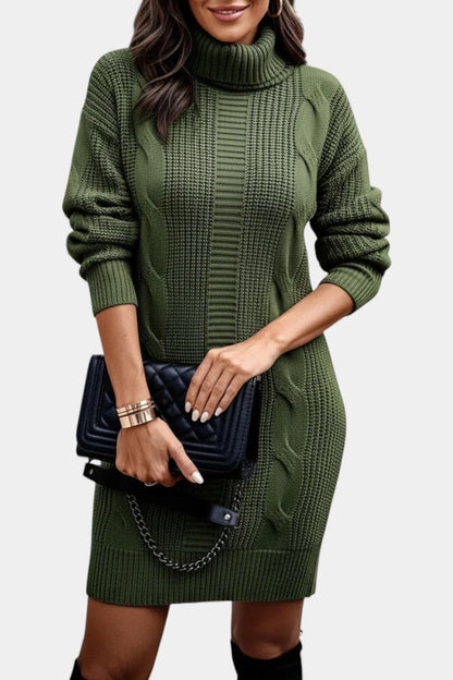Women's textured cable knit turtleneck sweater dress with long sleeves