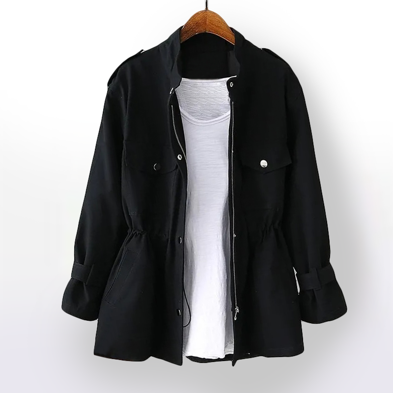 Women's hip-length rain coat with stand collar, utility pockets and adjustable cuffs