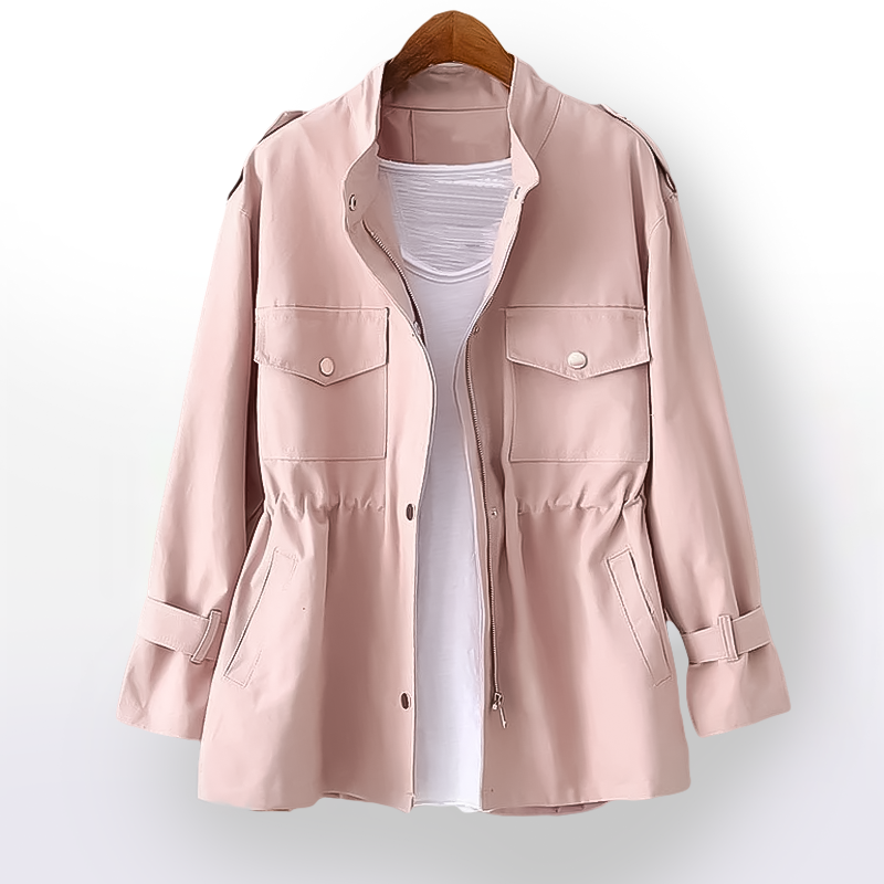 Women's hip-length rain coat with stand collar, utility pockets and adjustable cuffs