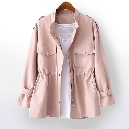 Women's hip-length rain coat with stand collar, utility pockets and adjustable cuffs