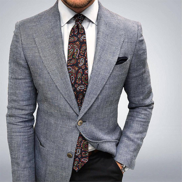 Men's textured tailored blazer with notched lapels and button front