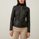 Women's fitted leather jacket with stand collar and zip pockets