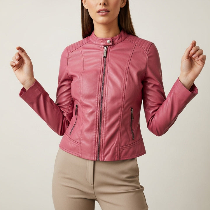 Women's fitted leather jacket with stand collar and zip pockets