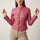 Women's fitted leather jacket with stand collar and zip pockets
