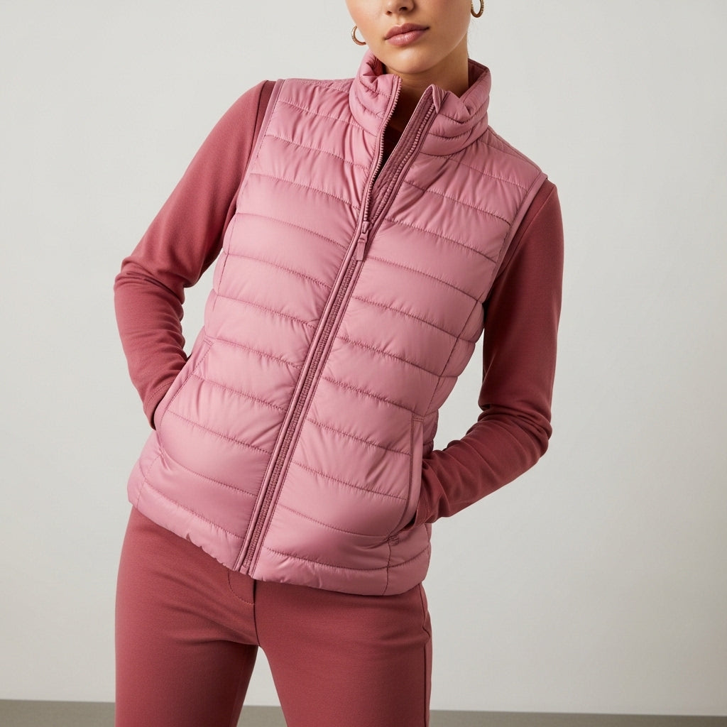 Women's sleeveless quilted vest with stand collar and front zip fastening