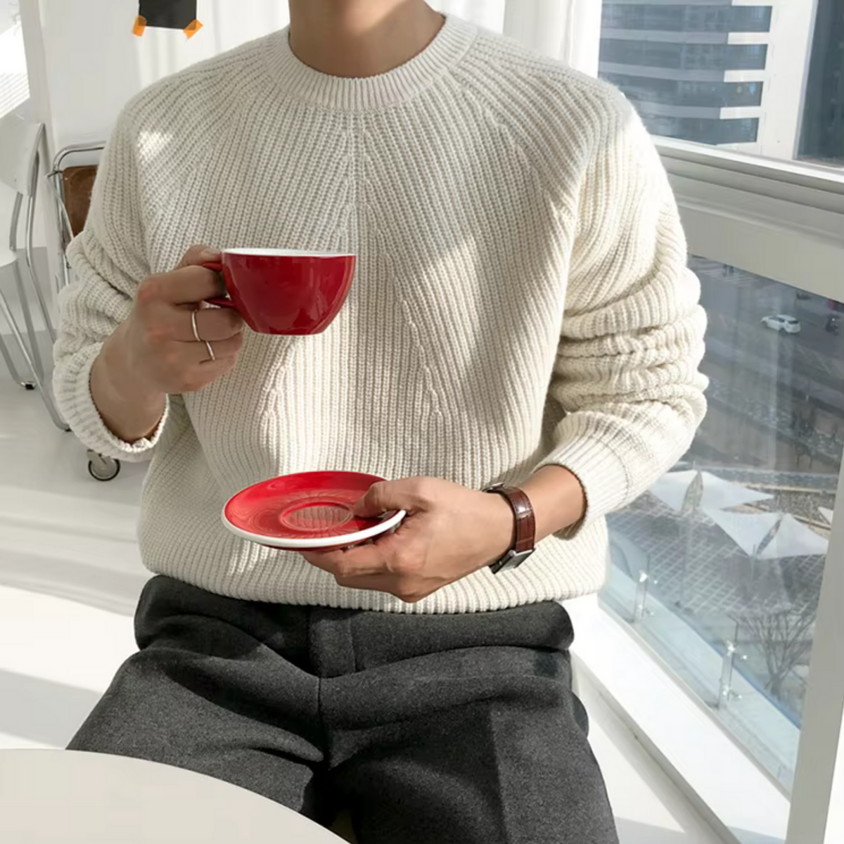 Men's ribbed crew neck sweater with long sleeves and relaxed fit