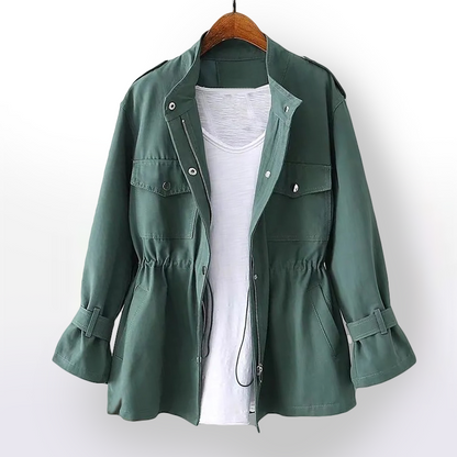 Women's hip-length rain coat with stand collar, utility pockets and adjustable cuffs