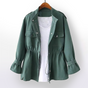 Women's hip-length rain coat with stand collar, utility pockets and adjustable cuffs