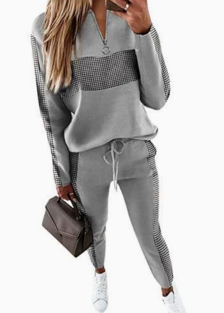 Women's hooded patterned hoodie and jogger set with tapered ankle cuffs