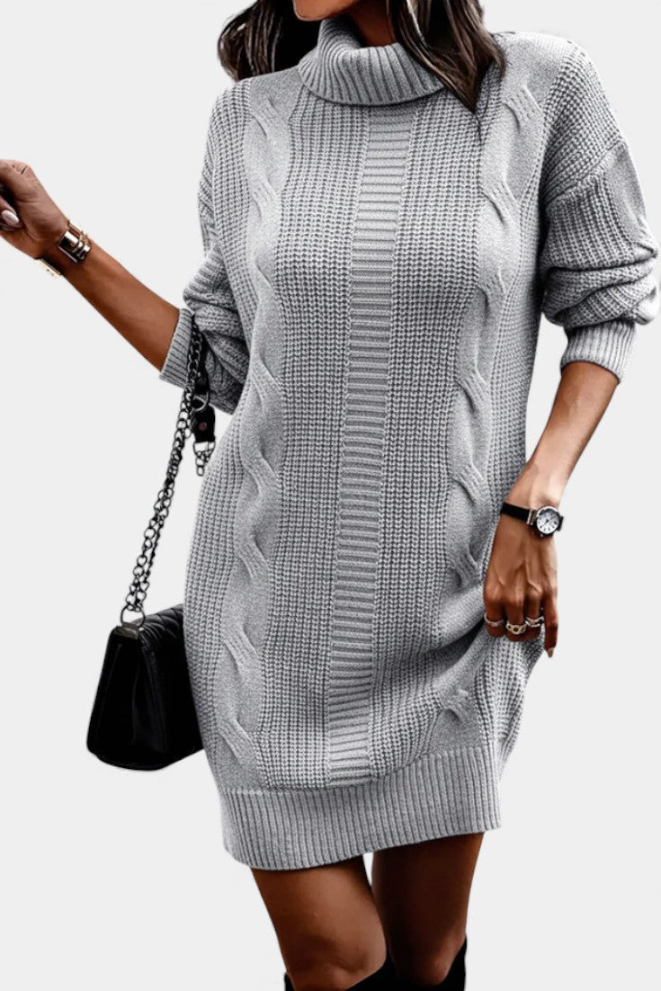 Women's textured cable knit turtleneck sweater dress with long sleeves