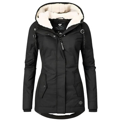Women's hooded padded jacket with plush-lined hood and long sleeves