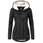 Women's hooded padded jacket with plush-lined hood and long sleeves