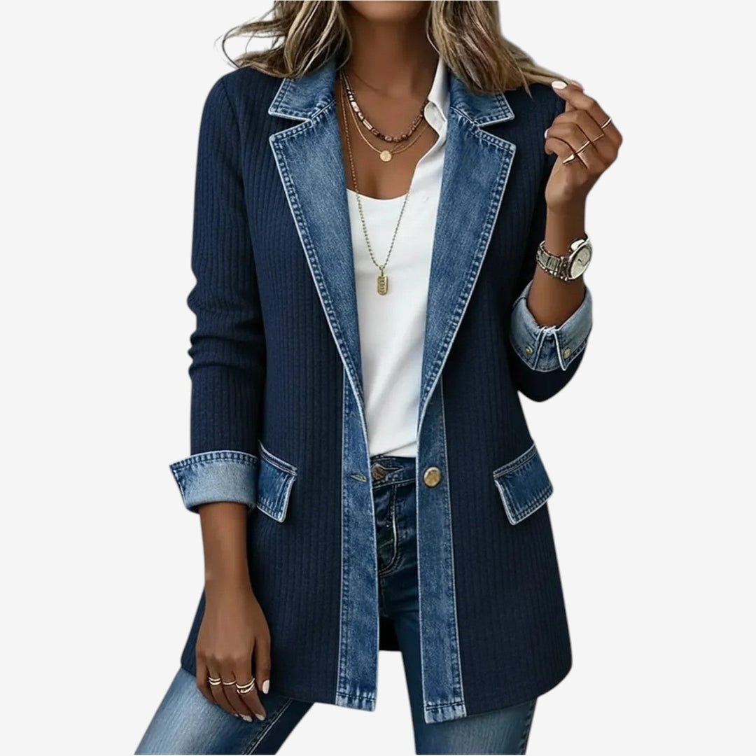 Women's knit jacket with denim trim and button front