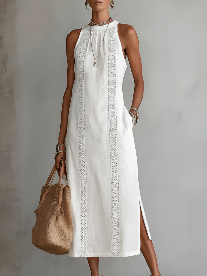 Women's sleeveless midi dress with Mao collar and lace trim, shown in white and lime green