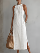 Women's sleeveless midi dress with Mao collar and lace trim, shown in white and lime green