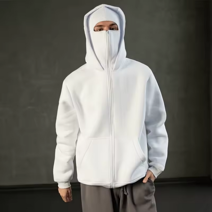 Unisex hooded zip hoodie with integrated face cover and kangaroo pocket