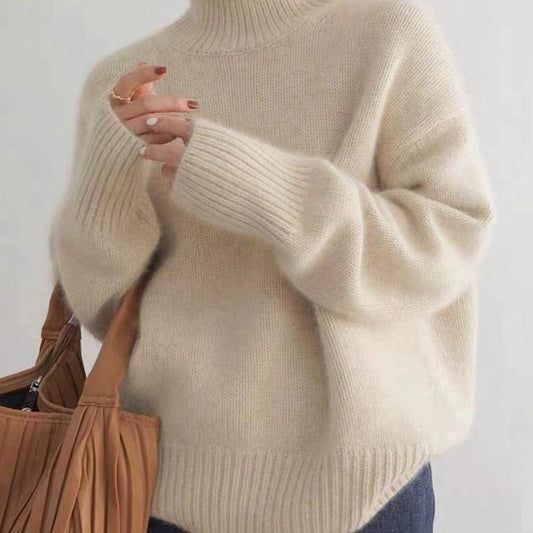 Women's long-sleeve turtleneck sweater with ribbed cuffs and hem