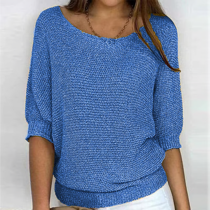 Women's lightweight knit sweater with scoop neckline and three-quarter sleeves