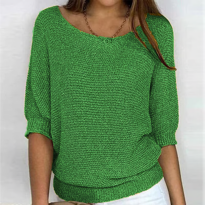 Women's lightweight knit sweater with scoop neckline and three-quarter sleeves