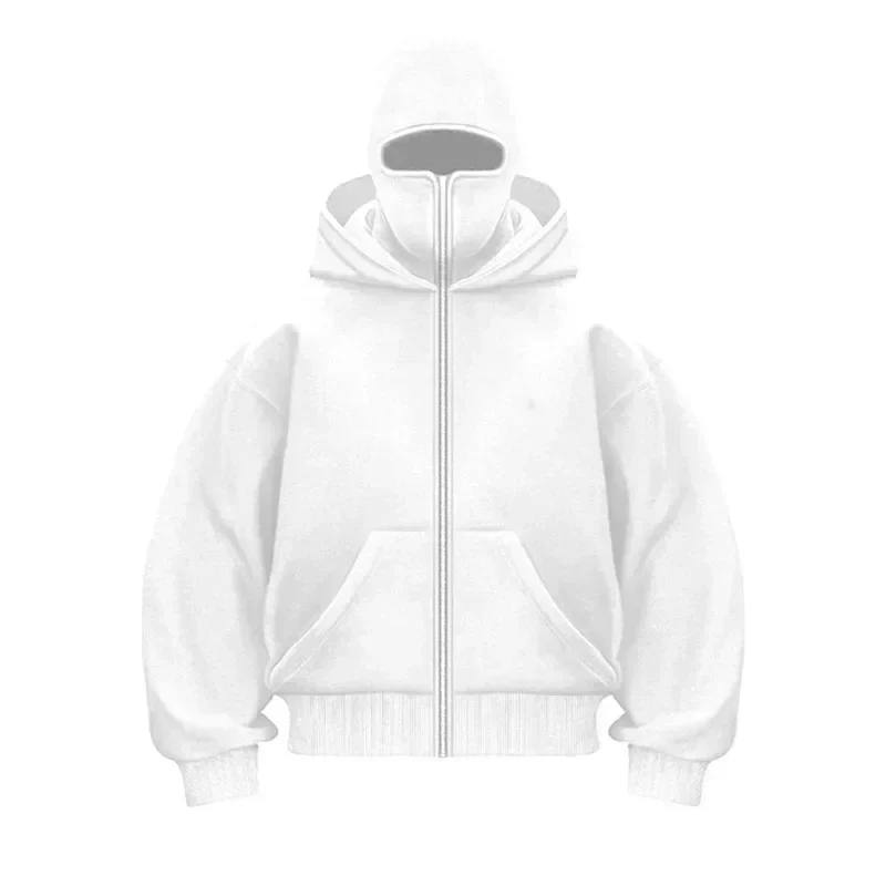 Unisex hooded zip hoodie with integrated face cover and kangaroo pocket