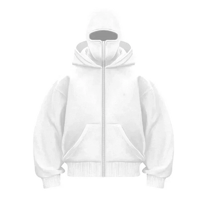 Unisex hooded zip hoodie with integrated face cover and kangaroo pocket