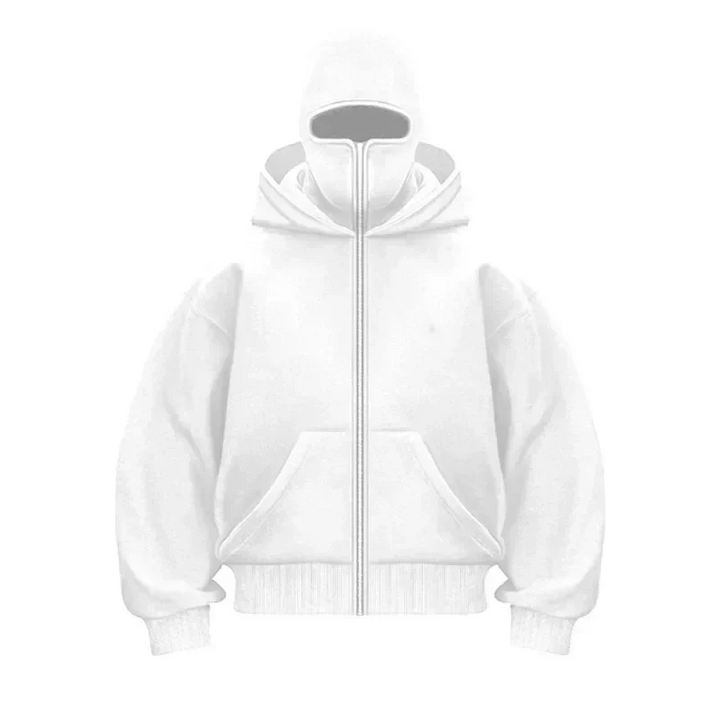 Unisex hooded zip hoodie with integrated face cover and kangaroo pocket