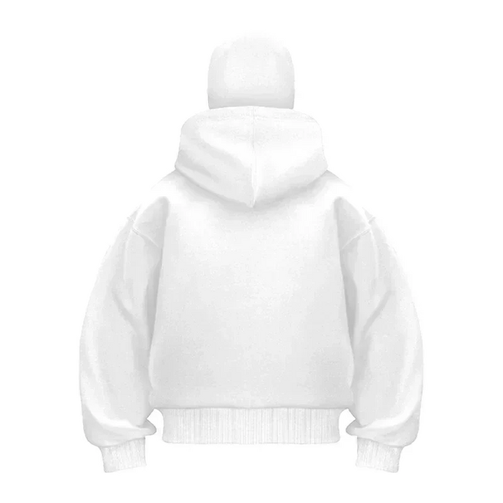 Unisex hooded zip hoodie with integrated face cover and kangaroo pocket