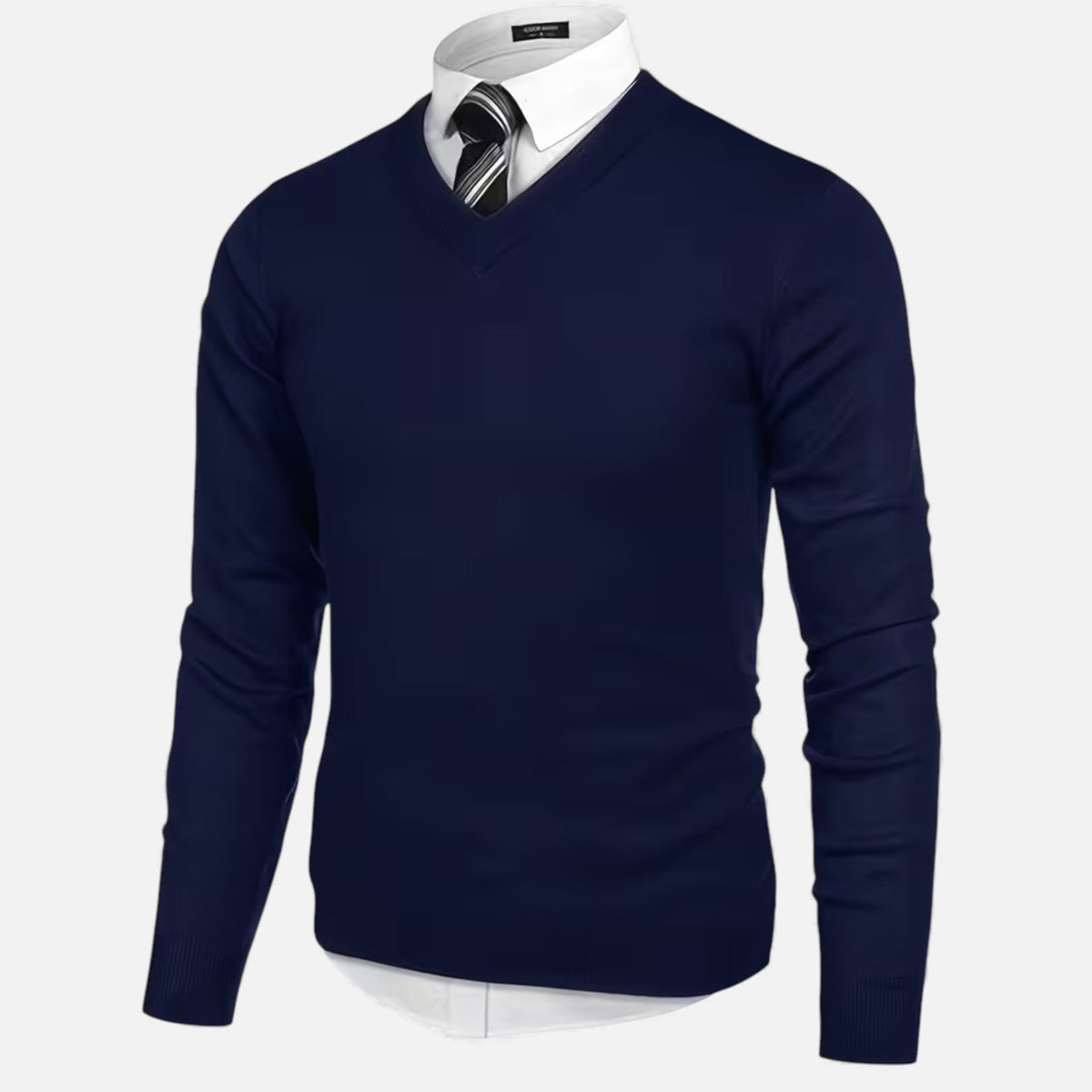 Men's solid V-neck knit sweater with long sleeves and ribbed trims