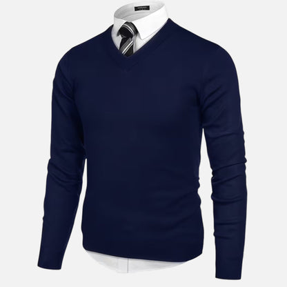 Men's solid V-neck knit sweater with long sleeves and ribbed trims