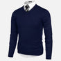 Men's solid V-neck knit sweater with long sleeves and ribbed trims