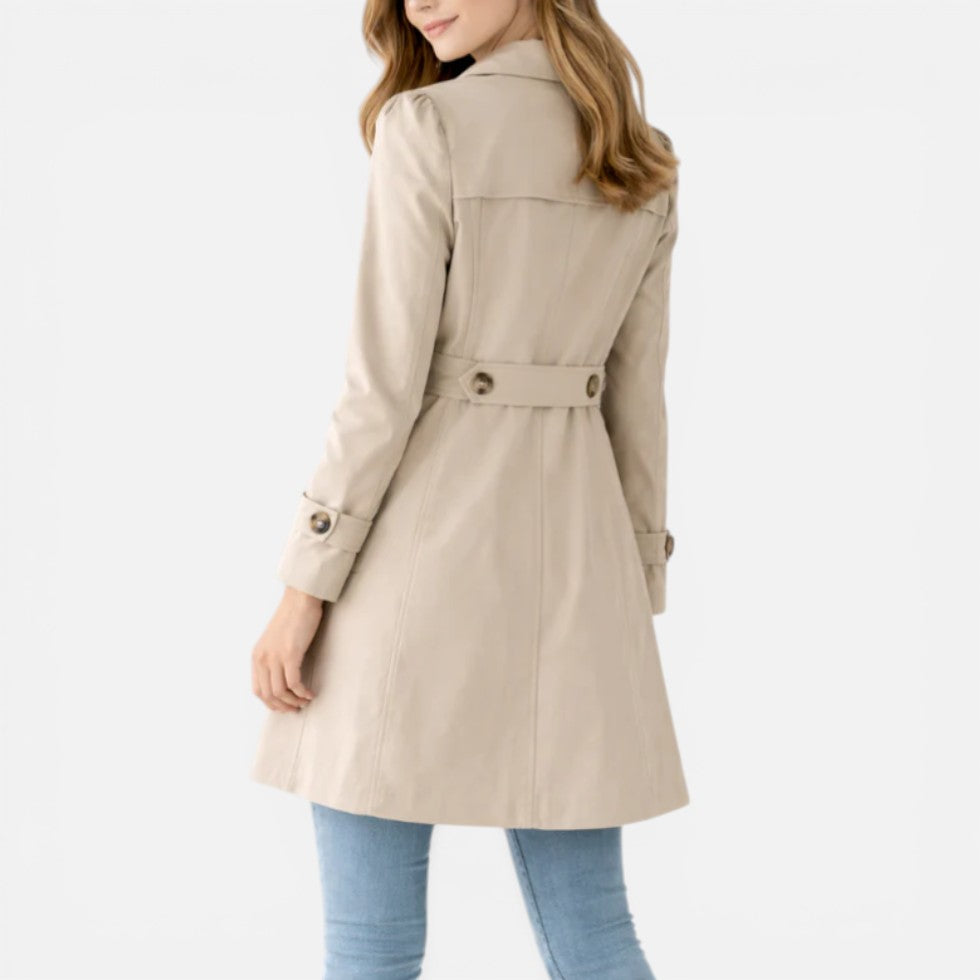 Women's button front trench coat with notched lapels and long sleeves