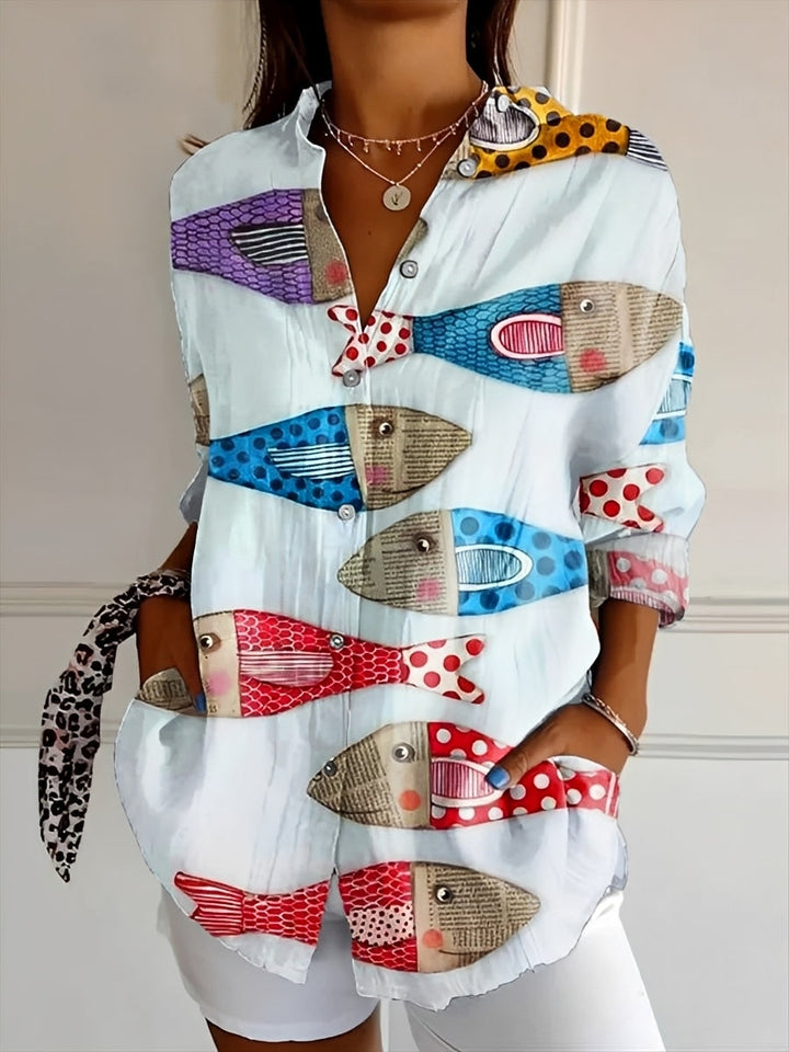 Women's patterned button-up shirt with collar and long sleeves