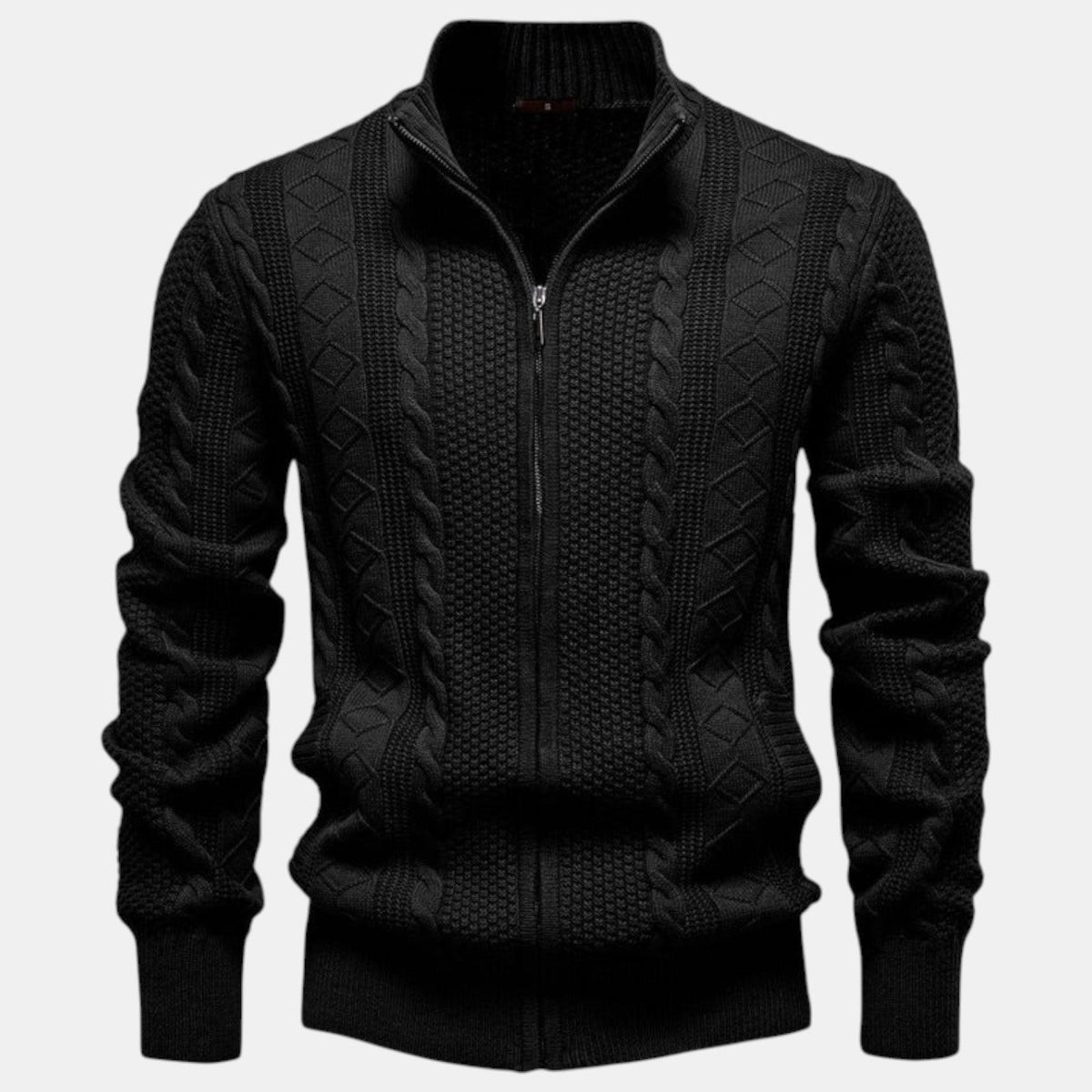 Men's cable knit zip-up sweater with stand collar and long sleeves