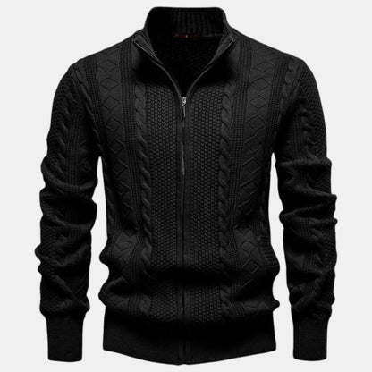 Men's cable knit zip-up sweater with stand collar and long sleeves