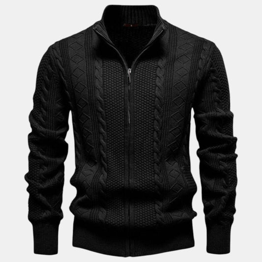 Men's cable knit zip-up sweater with stand collar and long sleeves