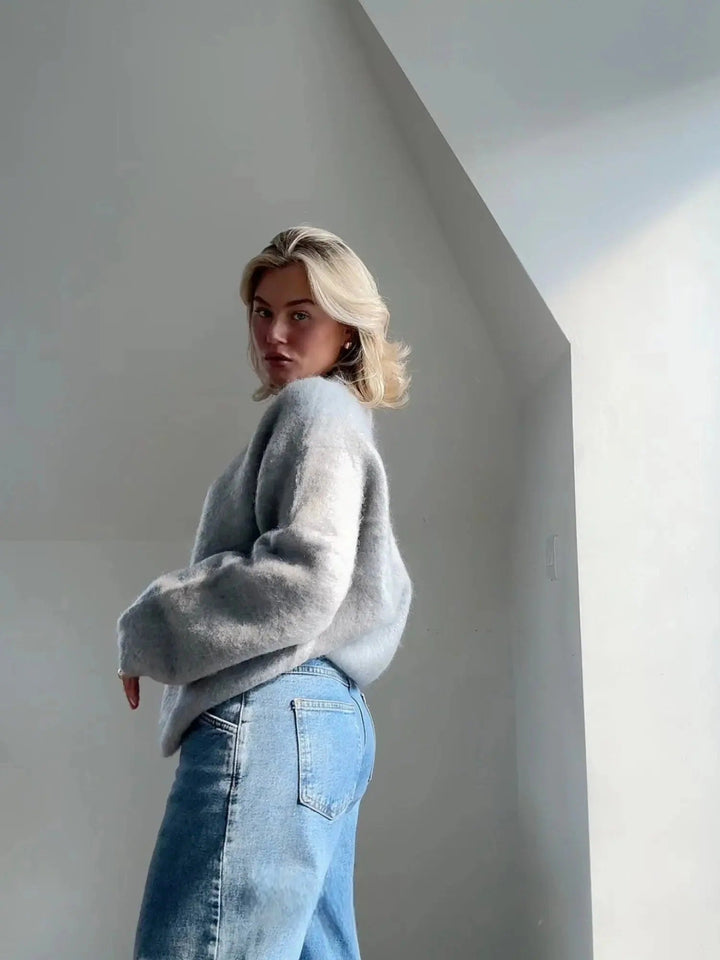 Women's oversized fuzzy knit sweater with crew neck and long sleeves