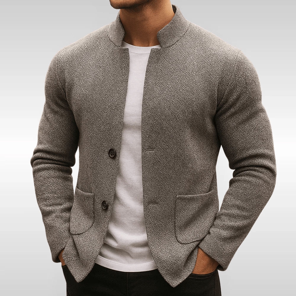 Men's textured knit cardigan with Mandarin collar, button front and patch pockets