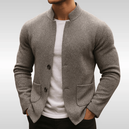 Men's textured knit cardigan with Mandarin collar, button front and patch pockets