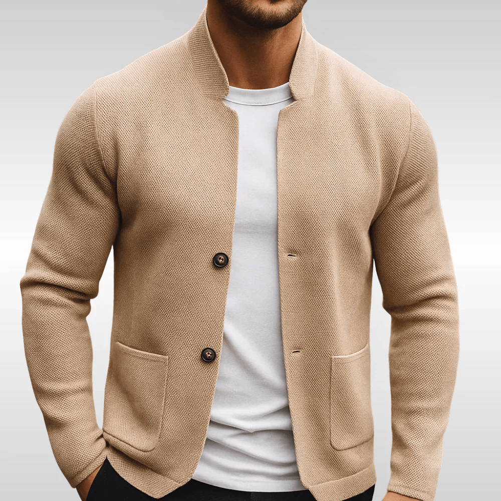 Men's textured knit cardigan with Mandarin collar, button front and patch pockets