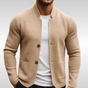 Men's textured knit cardigan with Mandarin collar, button front and patch pockets