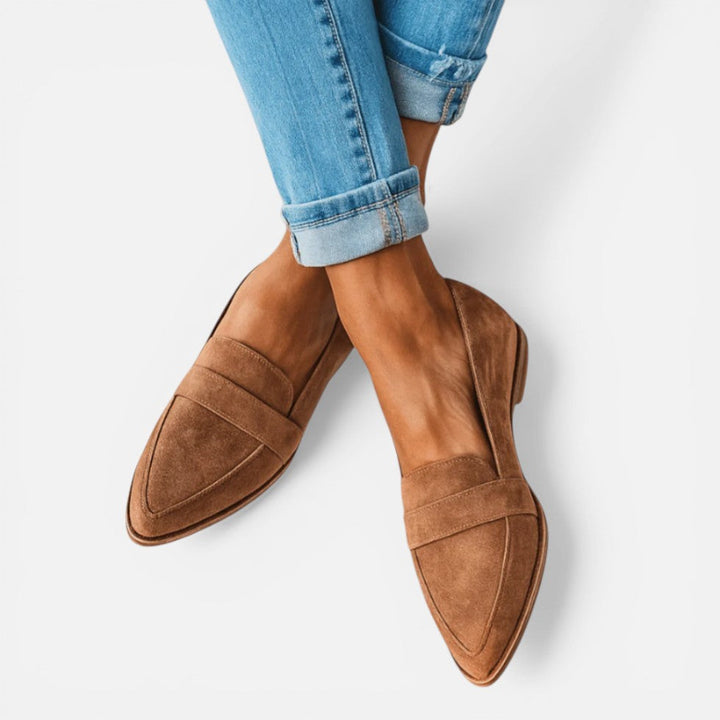 Women's pointed toe penny loafers with low heels and brushed finish
