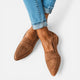 Women's pointed toe penny loafers with low heels and brushed finish